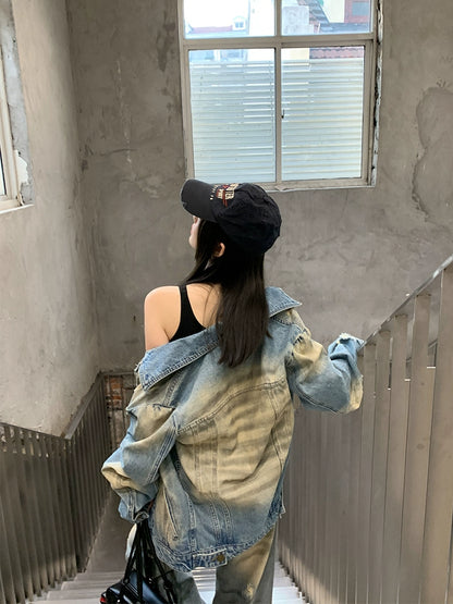 [Western Cowboy] Distressed Denim Jacket & Pants Set - Women's Autumn Style