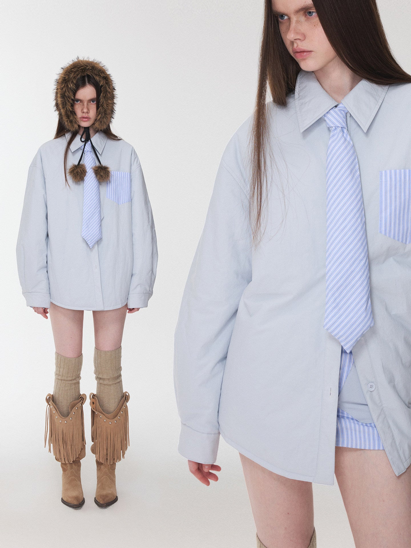 Embroidered Shirt & Tie Skirt Set