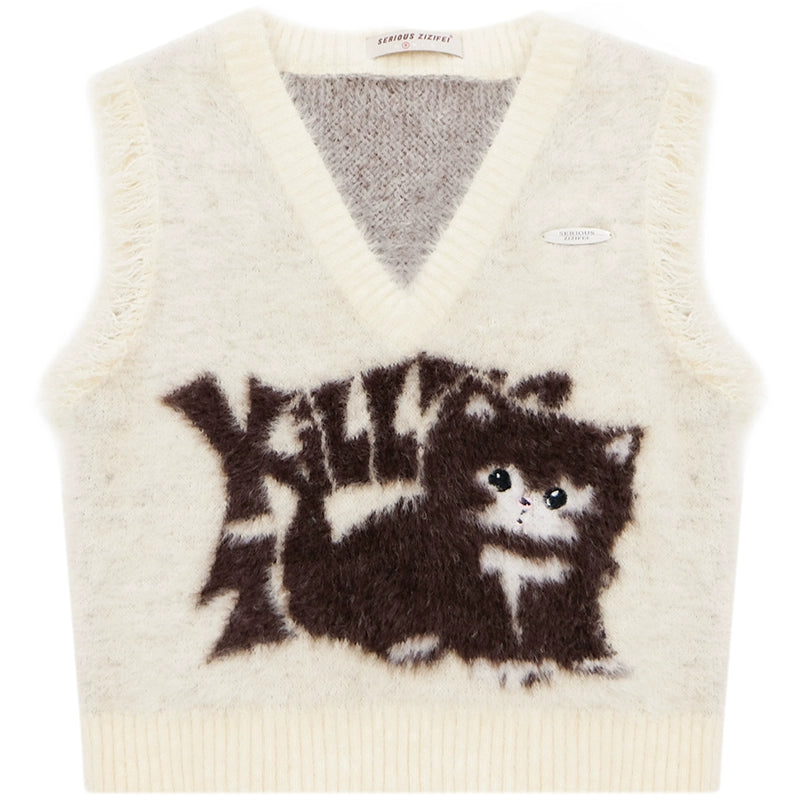 Cat Pattern Tassel Sweater Vest | Retro Apricot V-neck Knitted Vest for Autumn/Winter