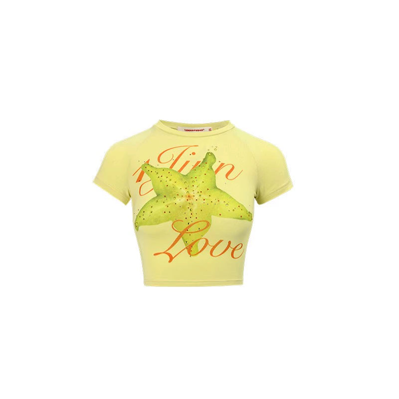 Summer Fruit Print Rhinestone Cropped T-Shirt – Elastic Slim Fit