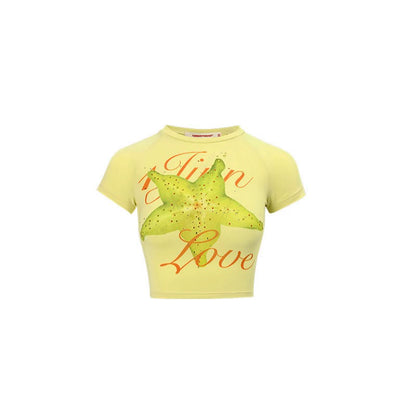 Summer Fruit Print Rhinestone Cropped T-Shirt – Elastic Slim Fit