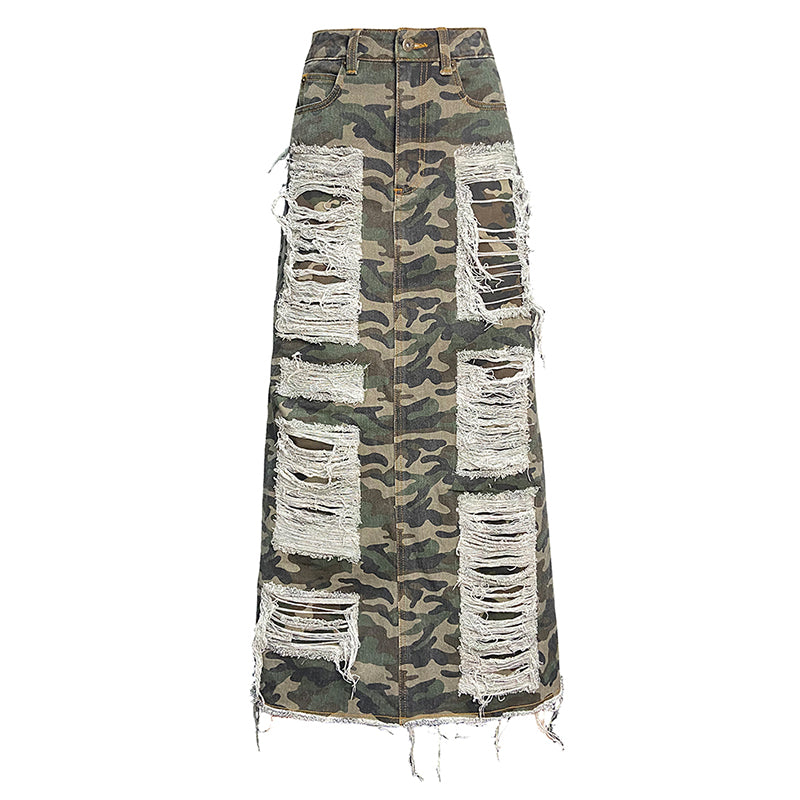 distressed camouflage long skirt