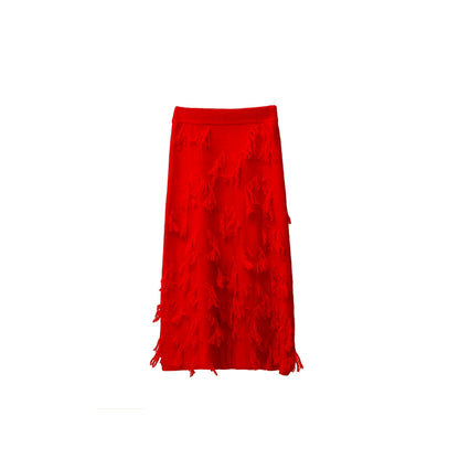 bright red, joyful atmosphere, irregular jacquard A-line wool mid length skirt