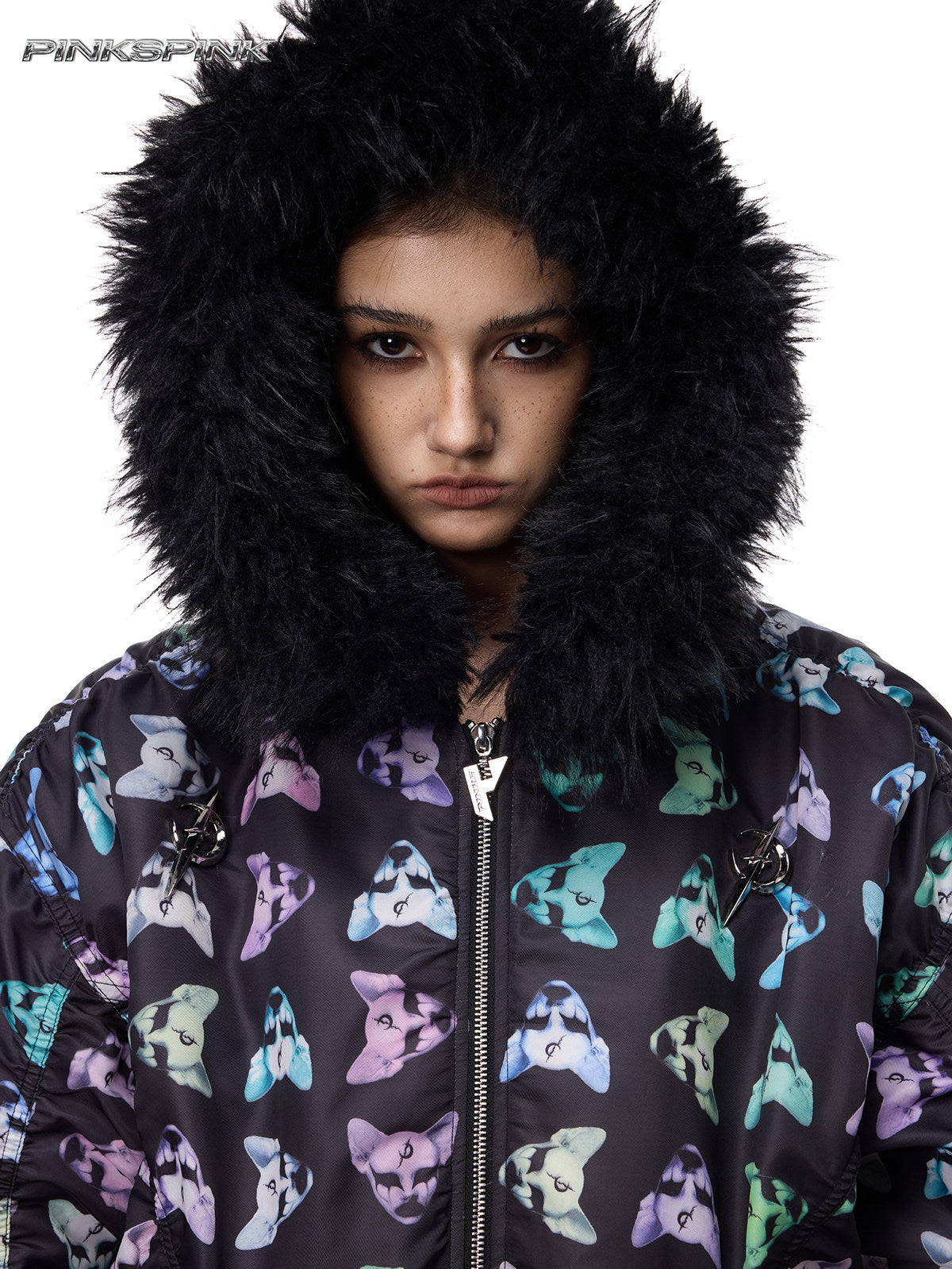 Cat-Themed Black Metal Fur Collar Unisex Y2K Jacket