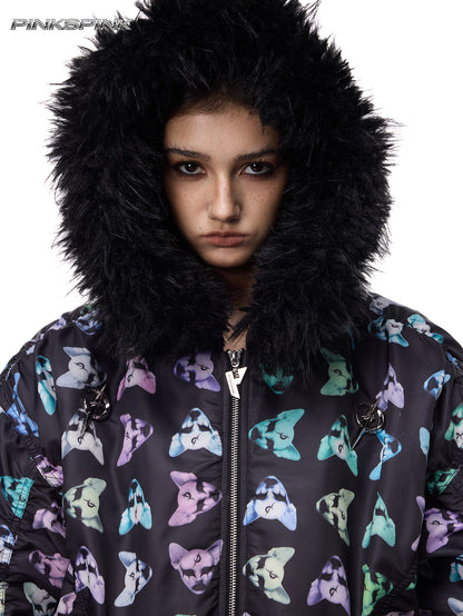 Cat-Themed Black Metal Fur Collar Unisex Y2K Jacket