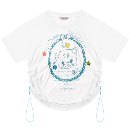 Cat Print Drawstring T-shirt | Loose Round Neck Retro Design for Summer