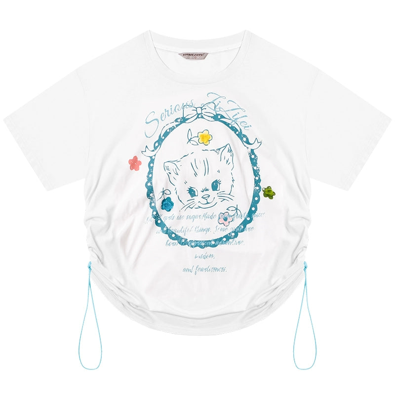 Cat Print Drawstring T-shirt | Loose Round Neck Retro Design for Summer