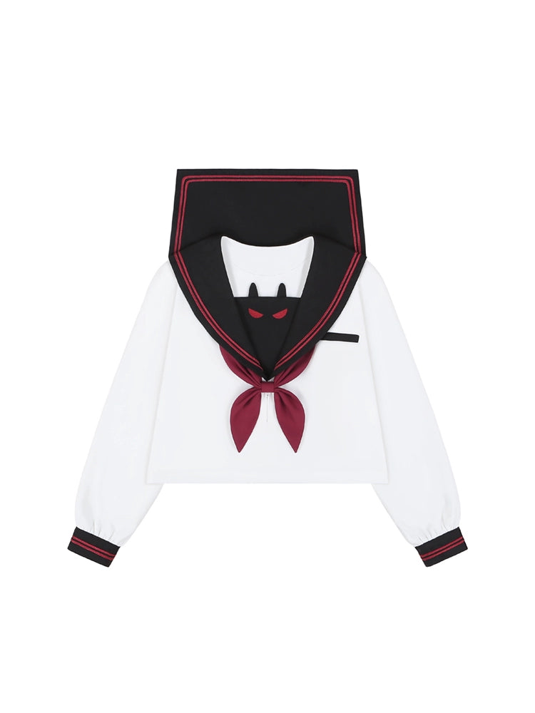 JK Uniform with Little Demon Embroidery Long-Sleeve Top