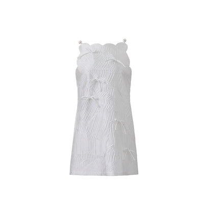 Original Design Pearl Tidal Pure White Bow Ribbon Pressed Pleated Straight Tank Top Dress Dress