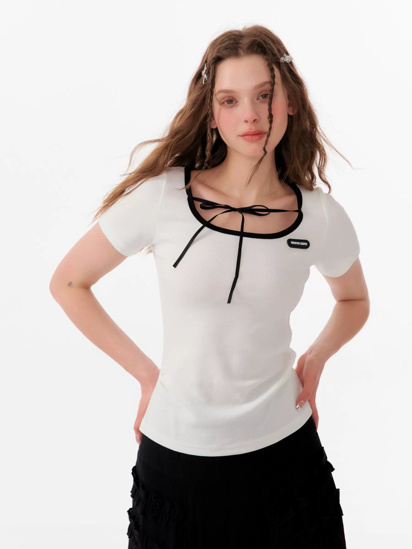 Bow U-neck Slim Fit T-shirt | Contrast Square Neck Design for Summer