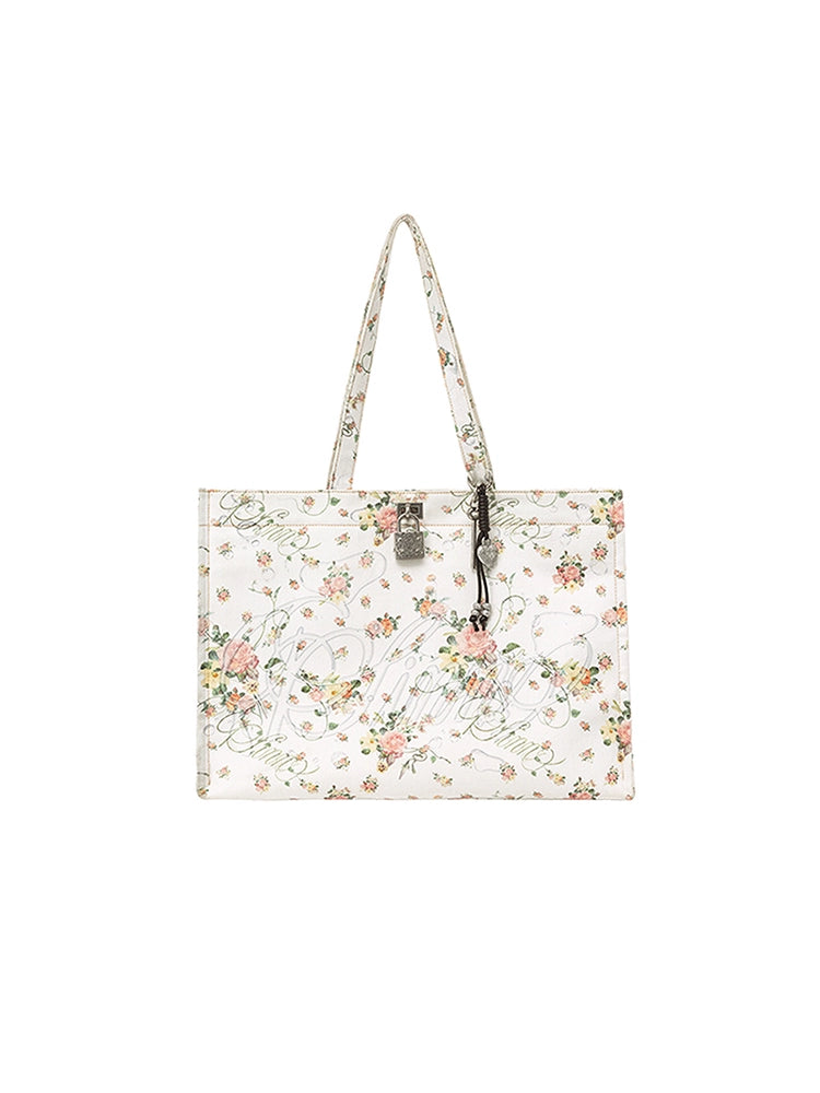 classic floral all-over large-capacity tote bag resort-style metal heart lock commuting