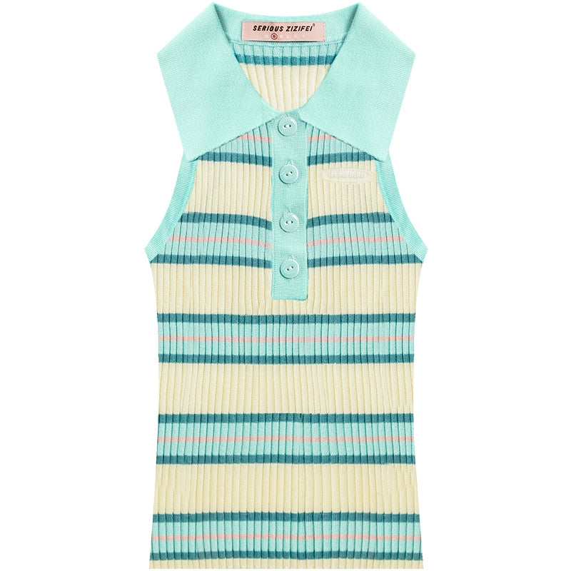 Striped Polo Neck Tank Top | Slim Fit Retro Design for Summer