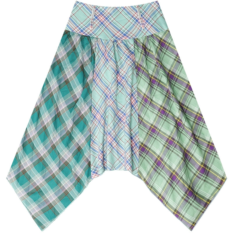 Green Checkered Skirt | Irregular High Waist Slim Fit Design for Summer