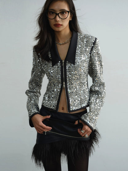 Urban Style Low Neck Sequin Short Jacket