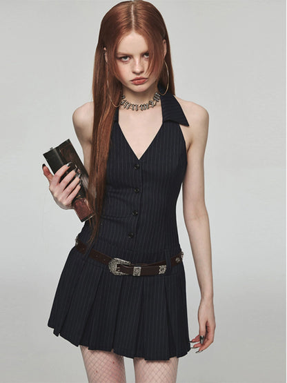 French Halter V-Neck Pleated Mini Dress – Sexy Sleeveless Summer Style