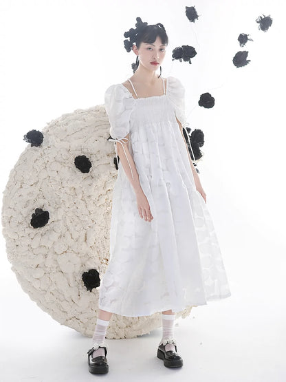 Romantic Rose Jacquard Bubble Sleeves Square Neck Dress