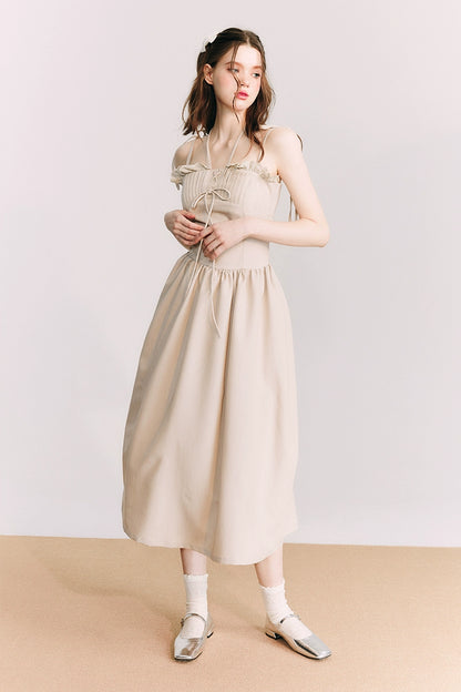 Ash Almond French - Grey Linen Lace Strap Dress