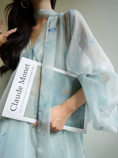 V-Neck Smudge Print Fairy Dress – Soft French Mood