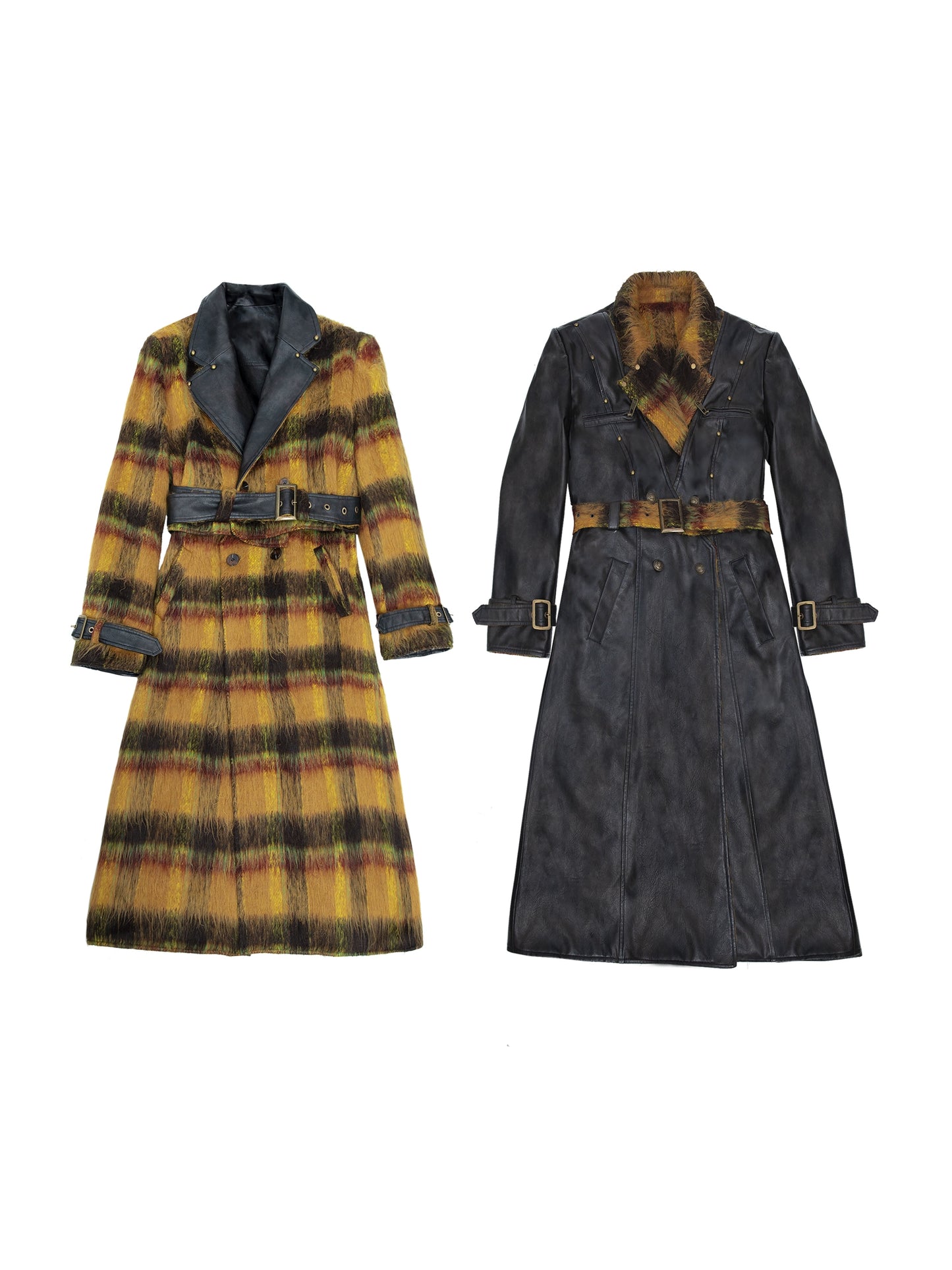 Reversible Plaid Leather Trench Coat | Retro Long Wool Coat Design