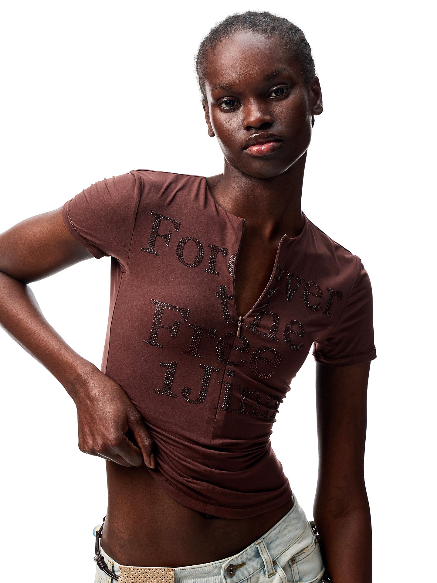 Floral V-Neck Lace Crop Top – Rhinestone Detail Slim Fit T-Shirt