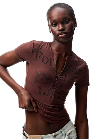 Floral V-Neck Lace Crop Top – Rhinestone Detail Slim Fit T-Shirt