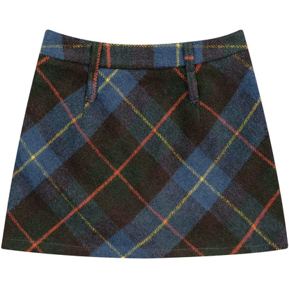 Blue Green Plaid Wool Skirt | High Waist Slim Fit Autumn/Winter Design