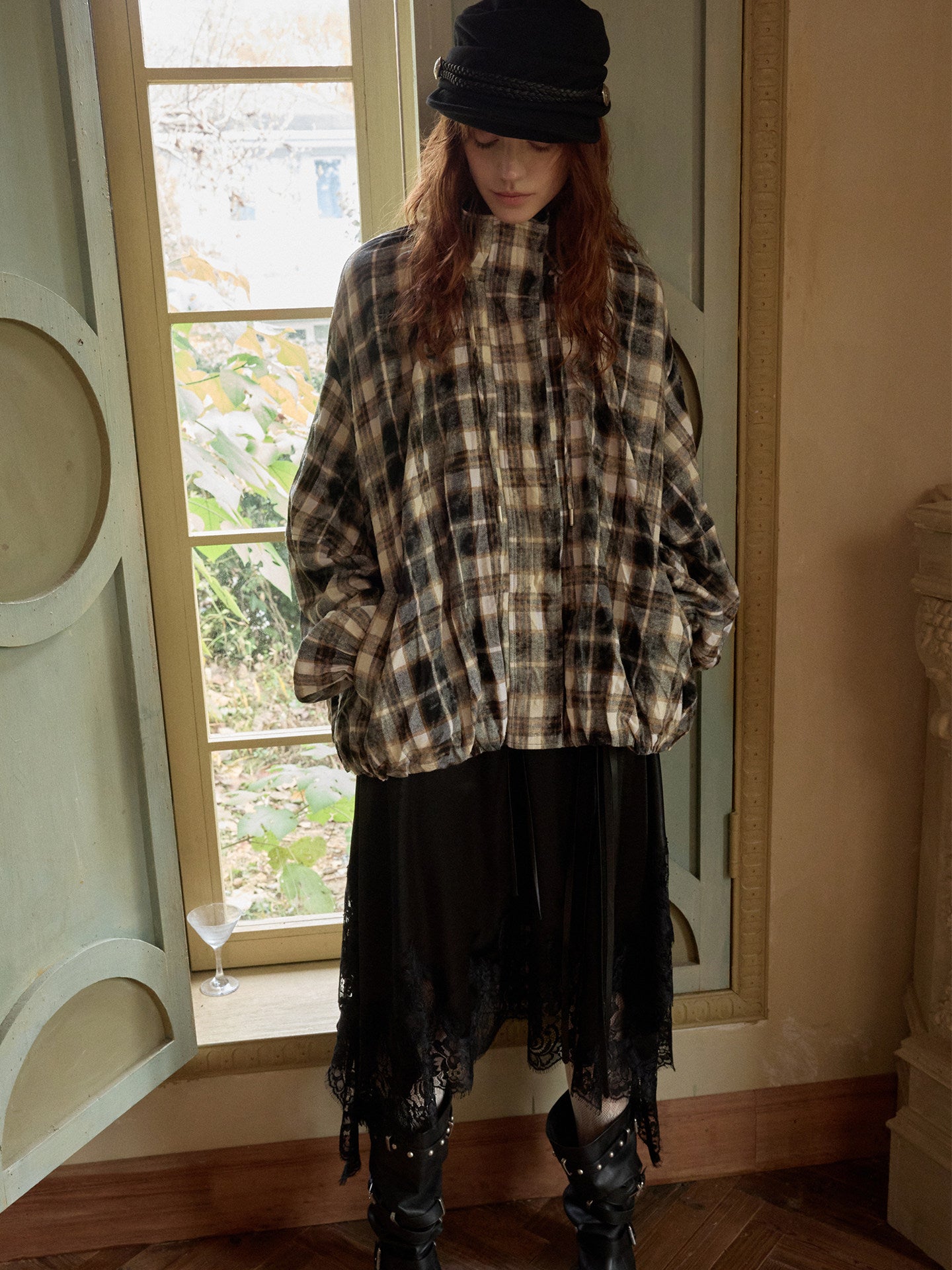 Plaid Pleated Stand-Collar Jacket