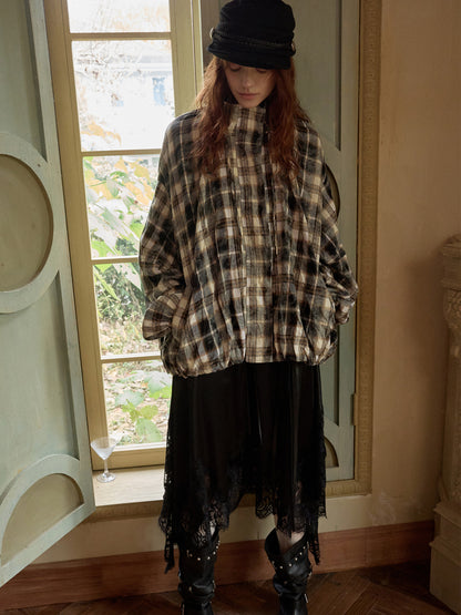 Plaid Pleated Stand-Collar Jacket