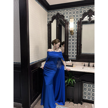 French Couture One-Shoulder Dress – Elegant Blue Satin Evening Gown