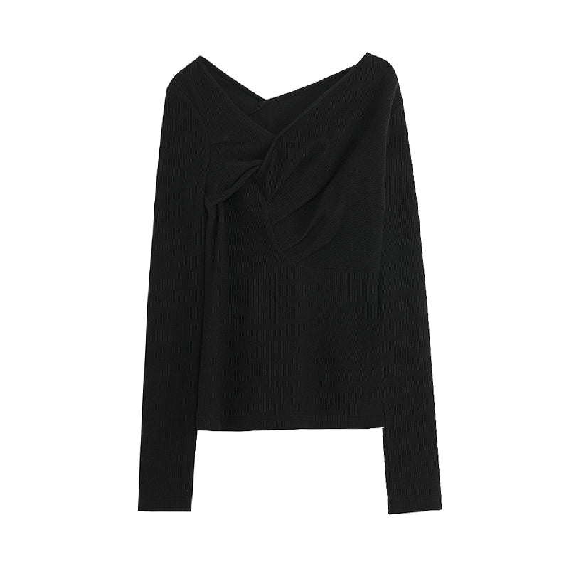 여성 가을을위한 검은 V- 넥 언더 레이 니트 불규칙한 슬림 한 디자인 느낌 작은 최고 레이 다운