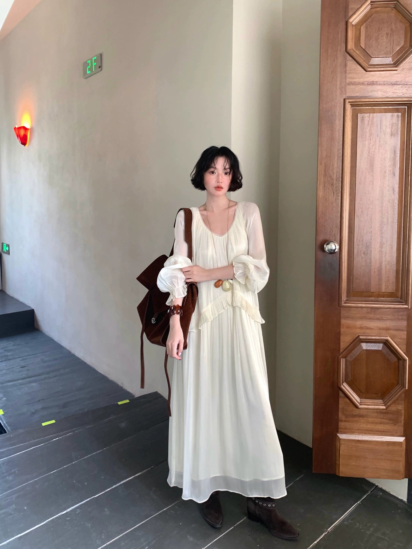 French Retro Pleated Ruffle V-Neck Long Sleeve Dress – Elegant Autumn Style