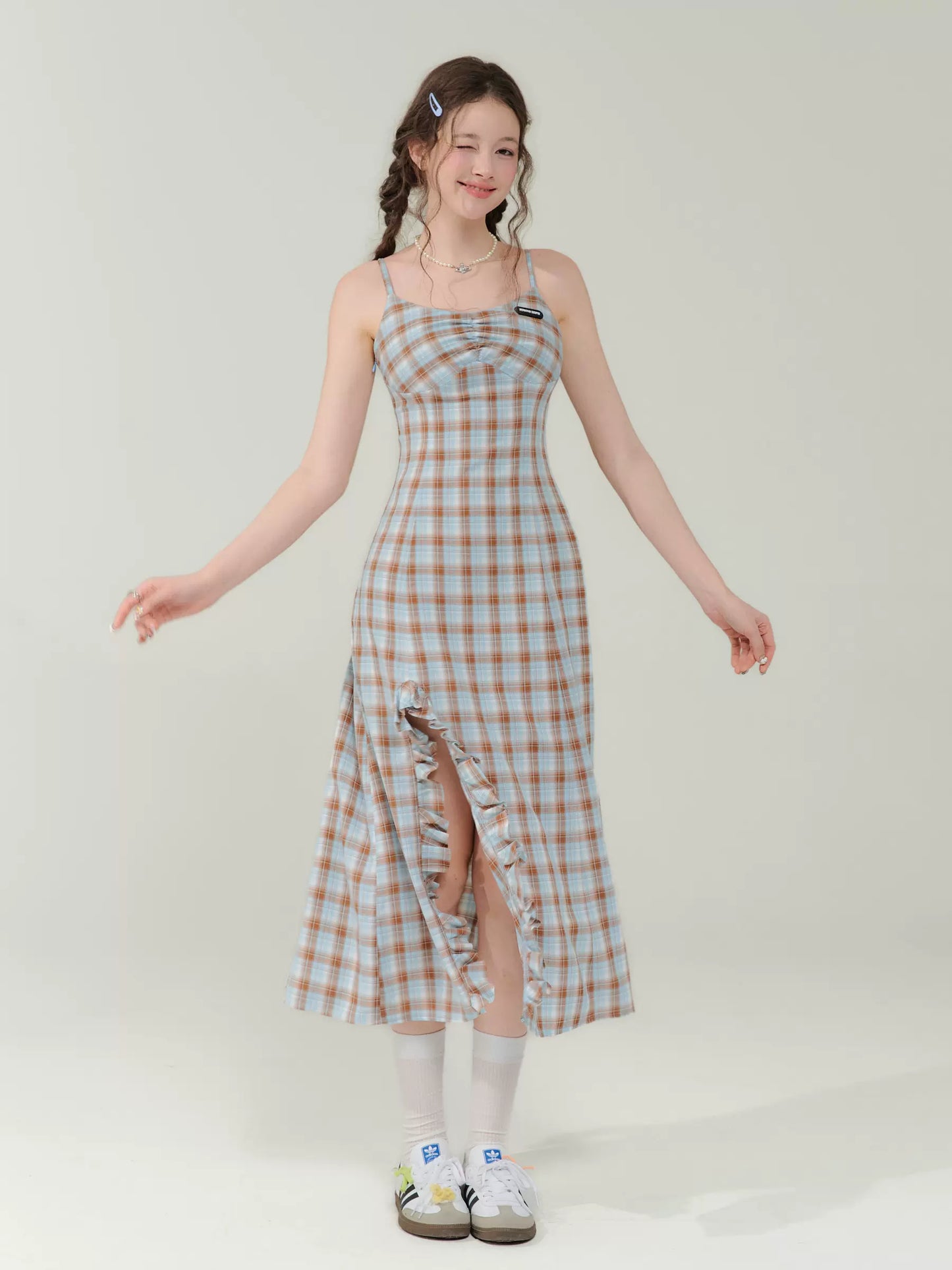 Plaid Suspender Dress | Slim Fit Split Retro Blue-Brown Plaid Design