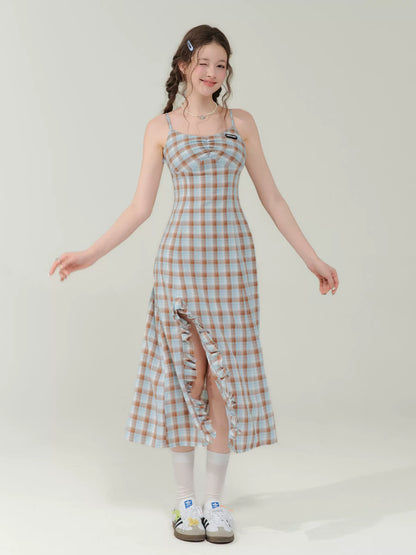 Plaid Suspender Dress | Slim Fit Split Retro Blue-Brown Plaid Design