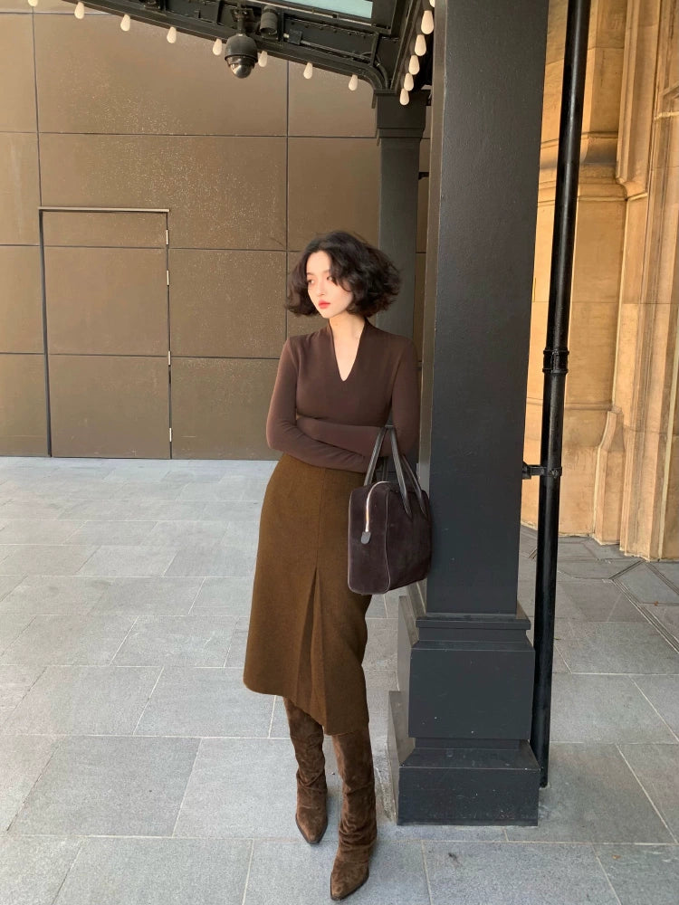 High-Waist Front Slit Wool Tweed Haute Skirt (Winter Jane)