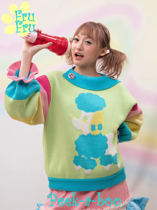 Gollum Store vintage green and pink cute puppy color-block knit pullover loose crewneck sweater