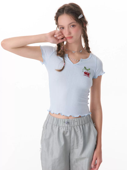 Cherry Embroidered Chain T-shirt | Mushroom Puff Sleeve V-neck Design for Summer