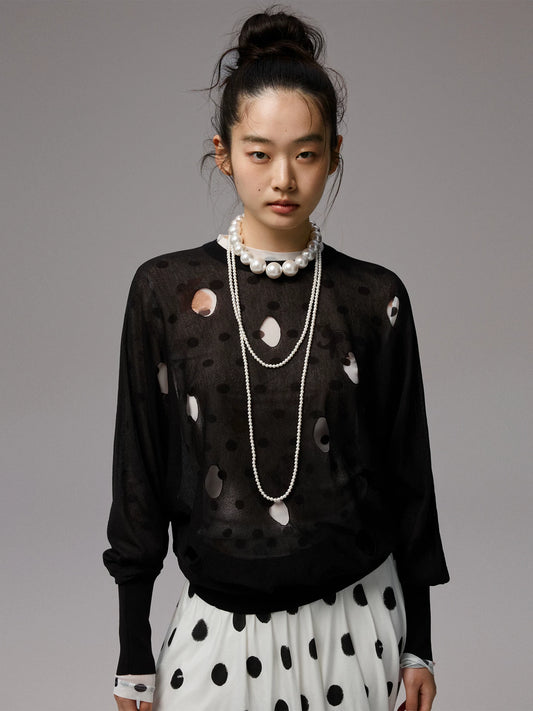 Polka dot openwork batwing sleeve floral knitted cover-up women's lazy style loose long-sleeved top