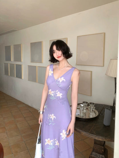[Yarn Lily] French Vintage Purple Print Slip Maxi Dress