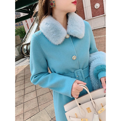 High-End Blue Woolen Winter Coat