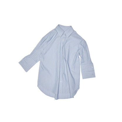 Loose Dropped-Shoulder Shirt Jacket with Striped Double-Bubble Shorts Set