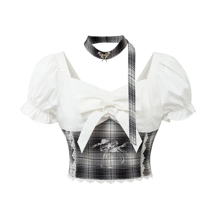 B/W Plaid Rose Embroidery Shirt