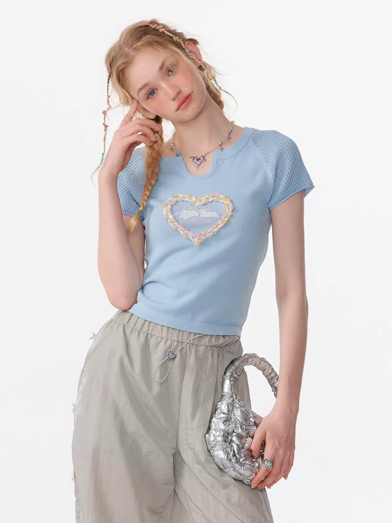 Love Rabbit Printed Hollow T-shirt | Retro Three-Dimensional Knitted Design for Summer