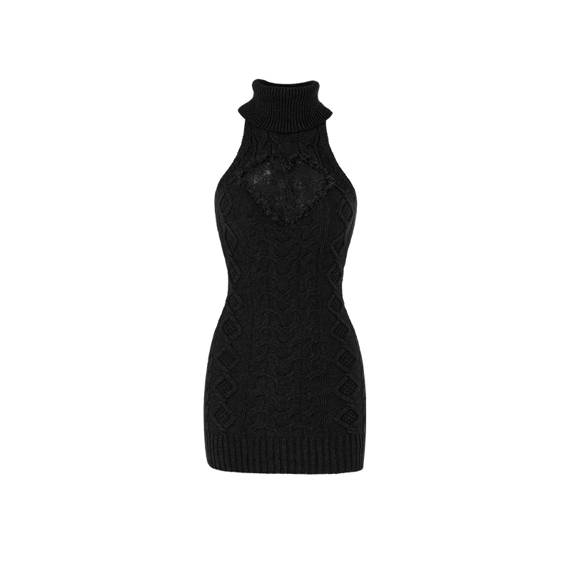 High-Neck Knit Vest Dress – Cinched Waist Lace Fall Sweater