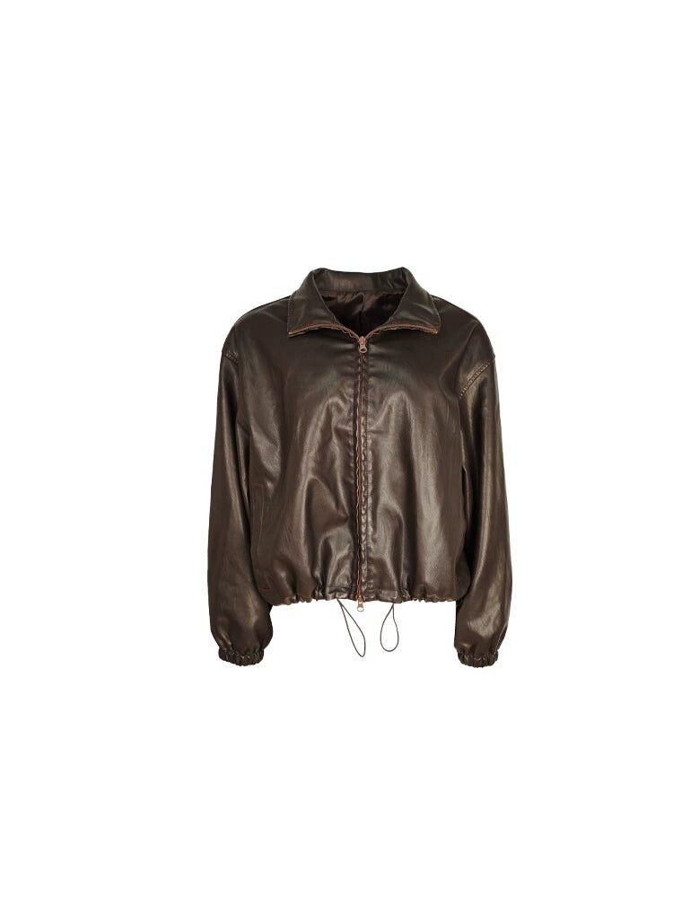 Cropped Drawstring Leather Jacket