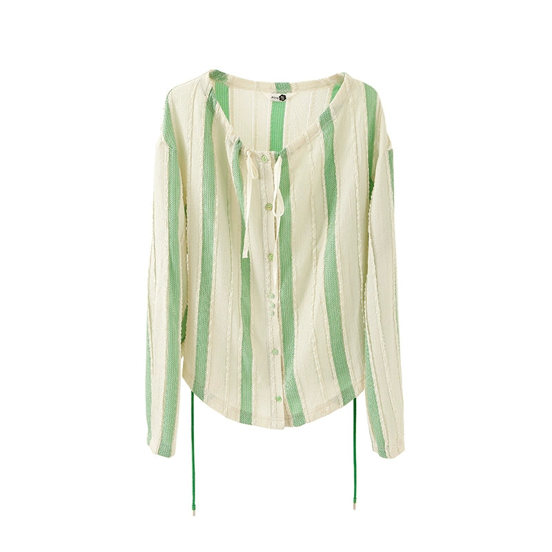 Original Design Grass and Wood Elf Cream Green Stripe Bubble Texture Knitted Cardigan Half Skirt Set