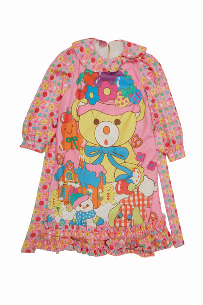 Pink Bear Print Doll Collar Dress | Cute Sweet Winter Dress