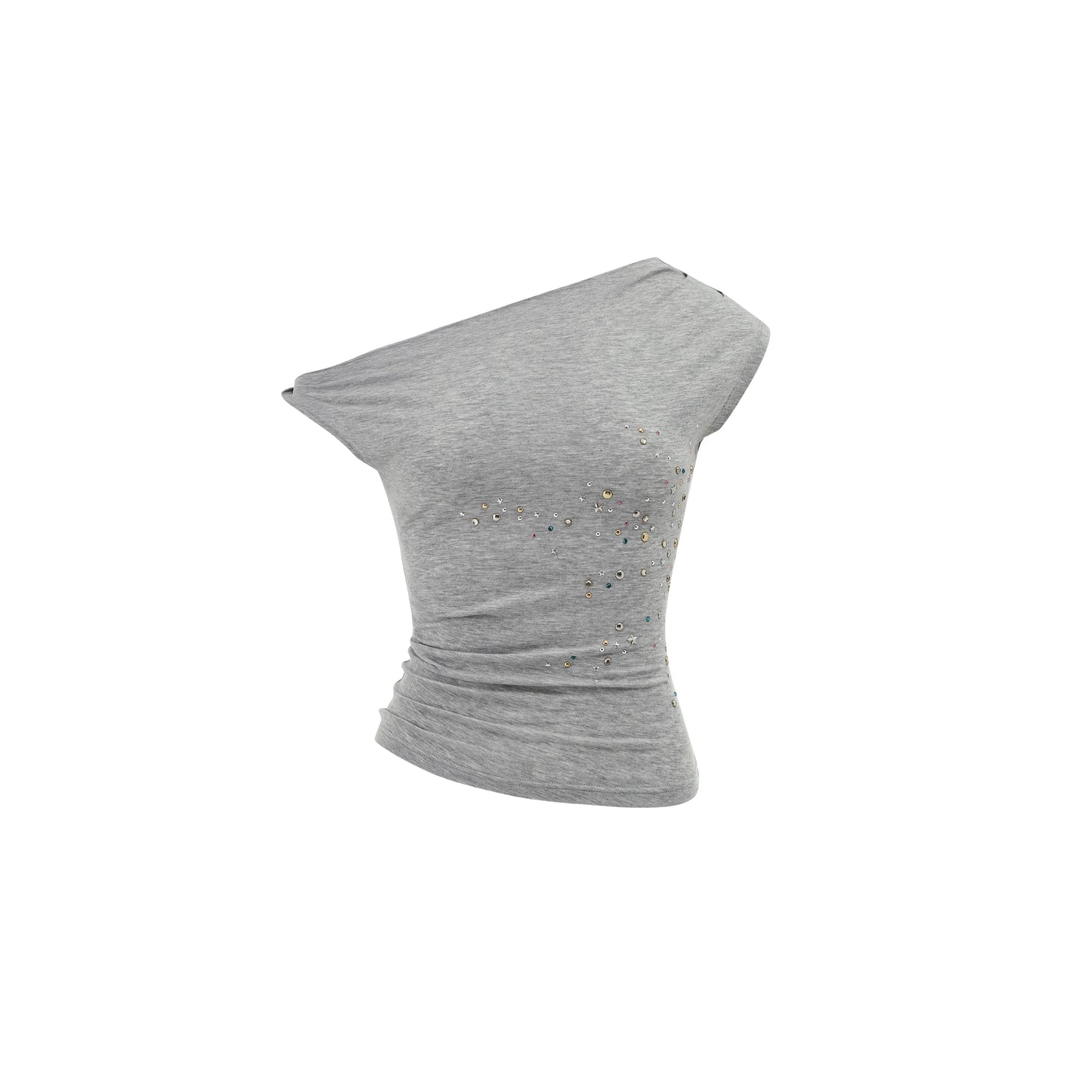 One-Shoulder Twisted Irregular Pleated T-Shirt – Studded Detail for Edgy Looks