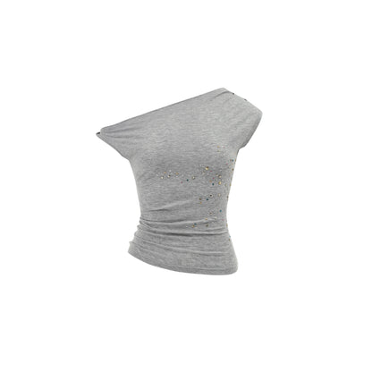 One-Shoulder Twisted Irregular Pleated T-Shirt – Studded Detail for Edgy Looks