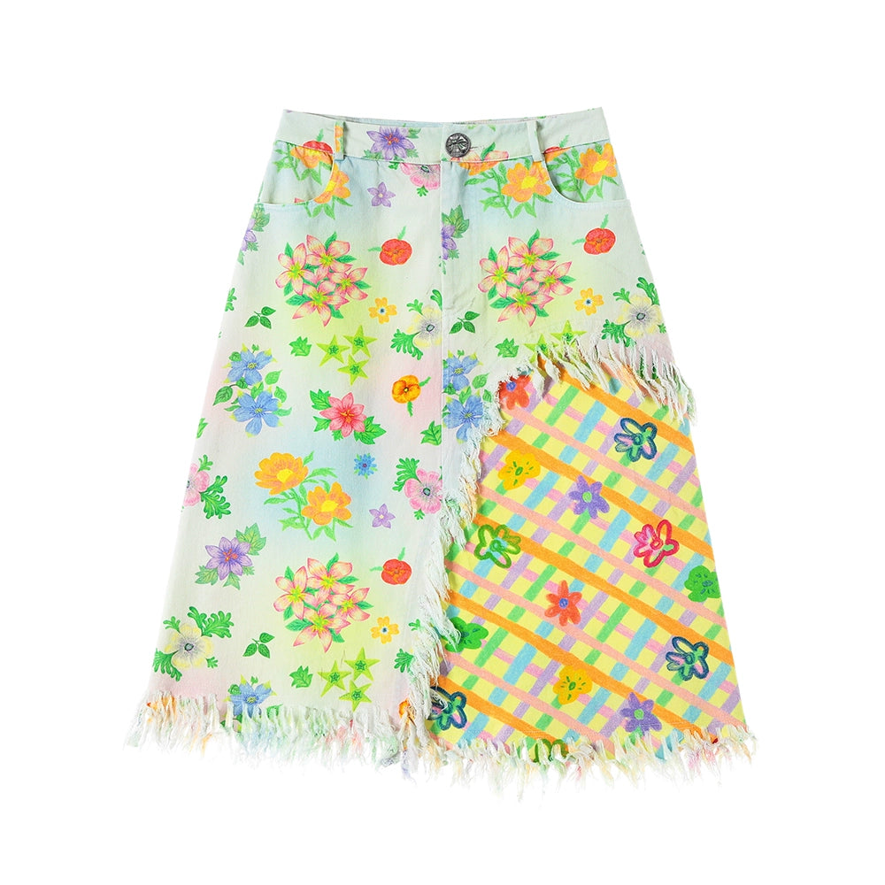 Floral Plaid Cotton Half Skirt