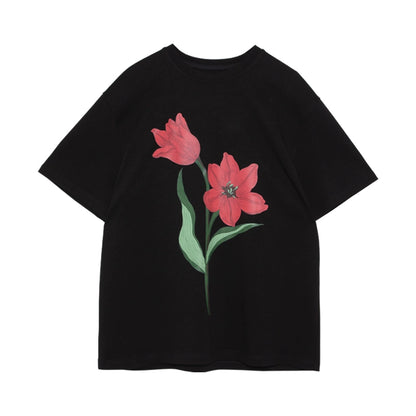 Tulip Print Black Loose Short Sleeve T-shirt